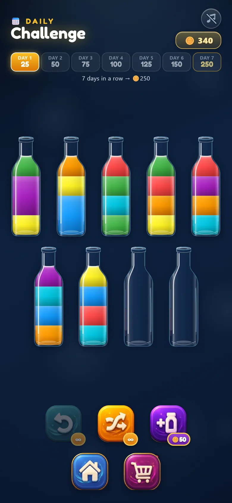 The Daily Challenge screen with a seven-day reward track above the bottles