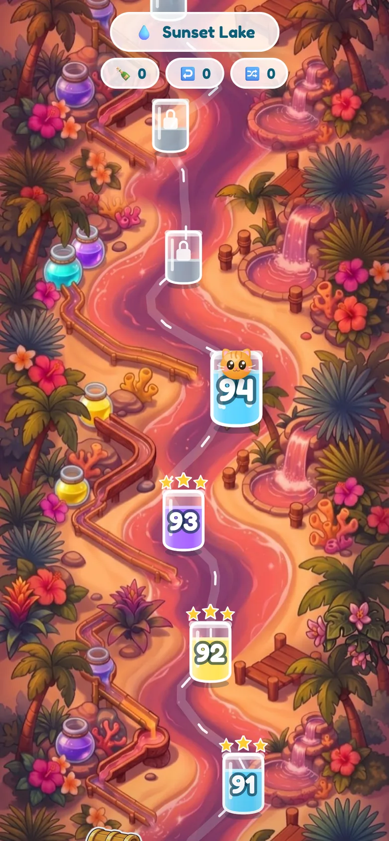 The Sunset Lake map with a coral-red river