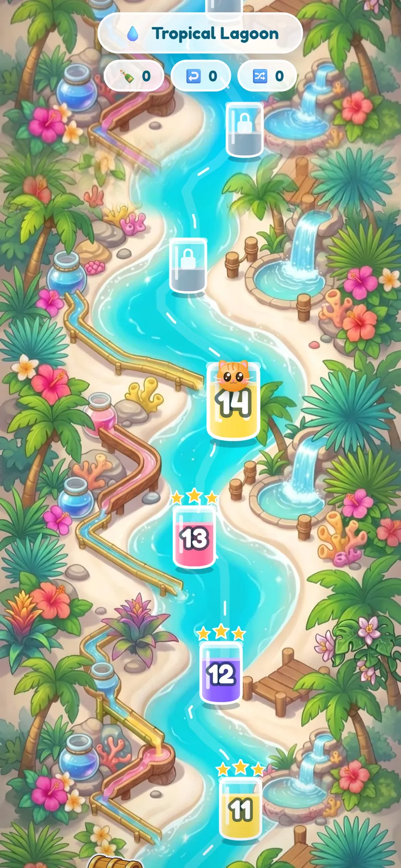 The Tropical Lagoon map: a turquoise river with level bottles along its banks
